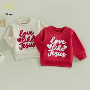Little Girls Valentine's Day Sweatshirts Long Sleeve Round Neck Letter Heart Embroidery Pullover