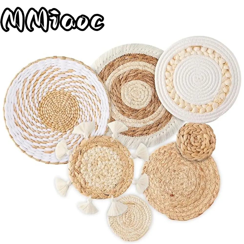 7 Pack Boho Wall Basket Decor - Seagrass Rattan Wicker Wall Decor Round Handmade Hanging Rustic Flat Elegant Wall Art for Farmhouse Living Rooms Bedrooms Display Table Settings Kitchen Home