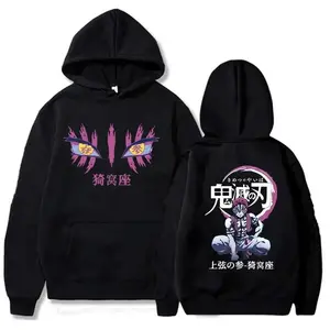 Akaza Demon Slayer Hoodie, Upper Rank Three Villain Pullover with Eye Claw Front & Anime Pose Back, Kimetsu No Yaiba Otaku Streetwear