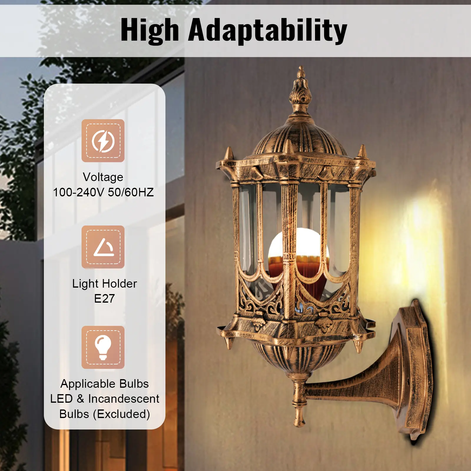Retro Copper Outdoor Wall Light - IP44 Waterproof Aluminum Glass E27, 100-240V Wall Sconce (Bulb Not Included) for Gardens, Front Doors, Christmas Decor, Sheds