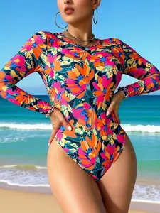 Women's Long Sleeve Floral One Piece Swimsuit - Backless Tie Rash Guard Tummy Control High Cut Bathing Suit for Beach Surfing