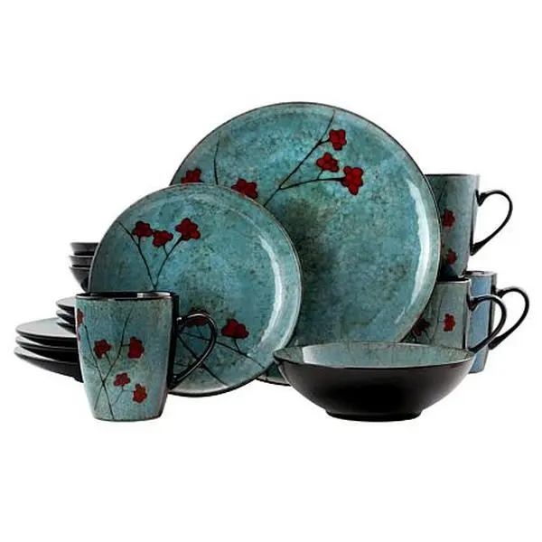 Elama Floral Accents 16 Piece Stoneware Dinnerware Set in Blue Elama Floral Accents 16 Piece Stoneware Dinnerware Set in Blue