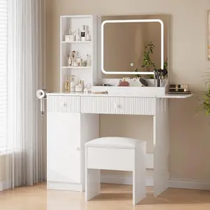 Vanity Desk with Mirror & LED Lights, Power Outlets, Drawers, Cabinet, Storage Stool, Collapsible Panel – Compact Bedroom Dressing Table for Makeup, Easy-Clean Cream or Pink