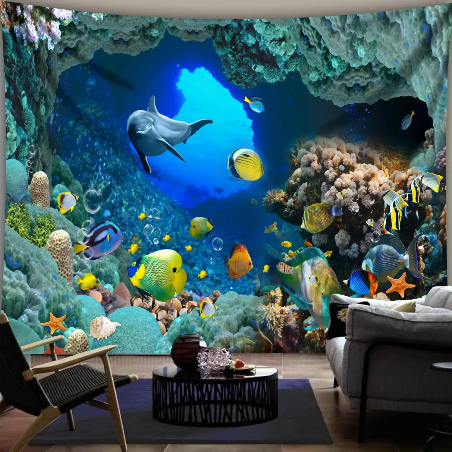 1pc Durable Synthetic Polyester Underwater Sea Cave Tapestry - Vibrant Dolphins, Fish, Coral Reef Print, Free Hanging Kit, Wrinkle Resistant Indoor Wall Decor, Home Supplies for Living Room, Bedroom, Wall Hanging