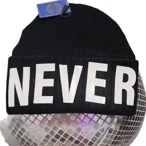 NEE NEVER Official Unisex Beanie Handcrafted Part of the Collection Black Knit Hat with Bold White Lettering