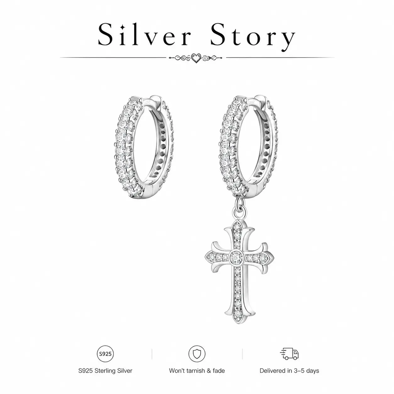S925 Sterling Silver Asymmetric Cross Hoop Earrings for Women, Cubic Zirconia Huggie Hoop Earrings, Dangle Cross & Plain Hoop Mismatched Earrings, Hypoallergenic Lightweight Jewelry Gift