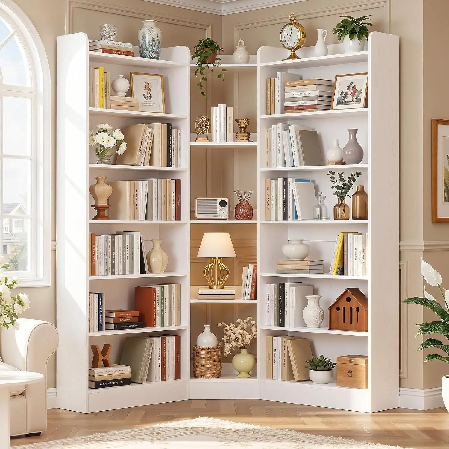 7-Tiers L-Shaped Bookshelf with Baffle，71.3" Tall Corner L-Shaped Etagere Wooden Bookcase，Space-Saving Multi-Purpose home Storage organizer Display Shelves for Custom
