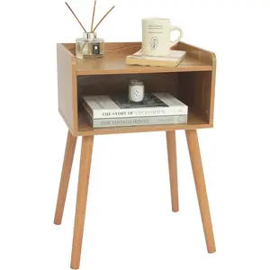 Nightstand, Mid Century Modern Side Table Bedroom with Storage, Small End Bedside Table with Solid Wood Legs for Living Room, Office Small Spaces (Brown)