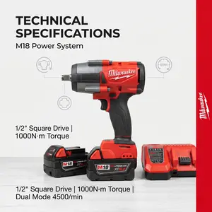 Milwaukee 1000N 1/2″ Drive Impact Wrench for Heavy-Duty Automotive & Construction Tasks, Ideal for Removing Lug Nuts and Rusted Bolts, Featuring Dual-Speed Modes (0-3200/4000/min) and 1000N·m Max Torque