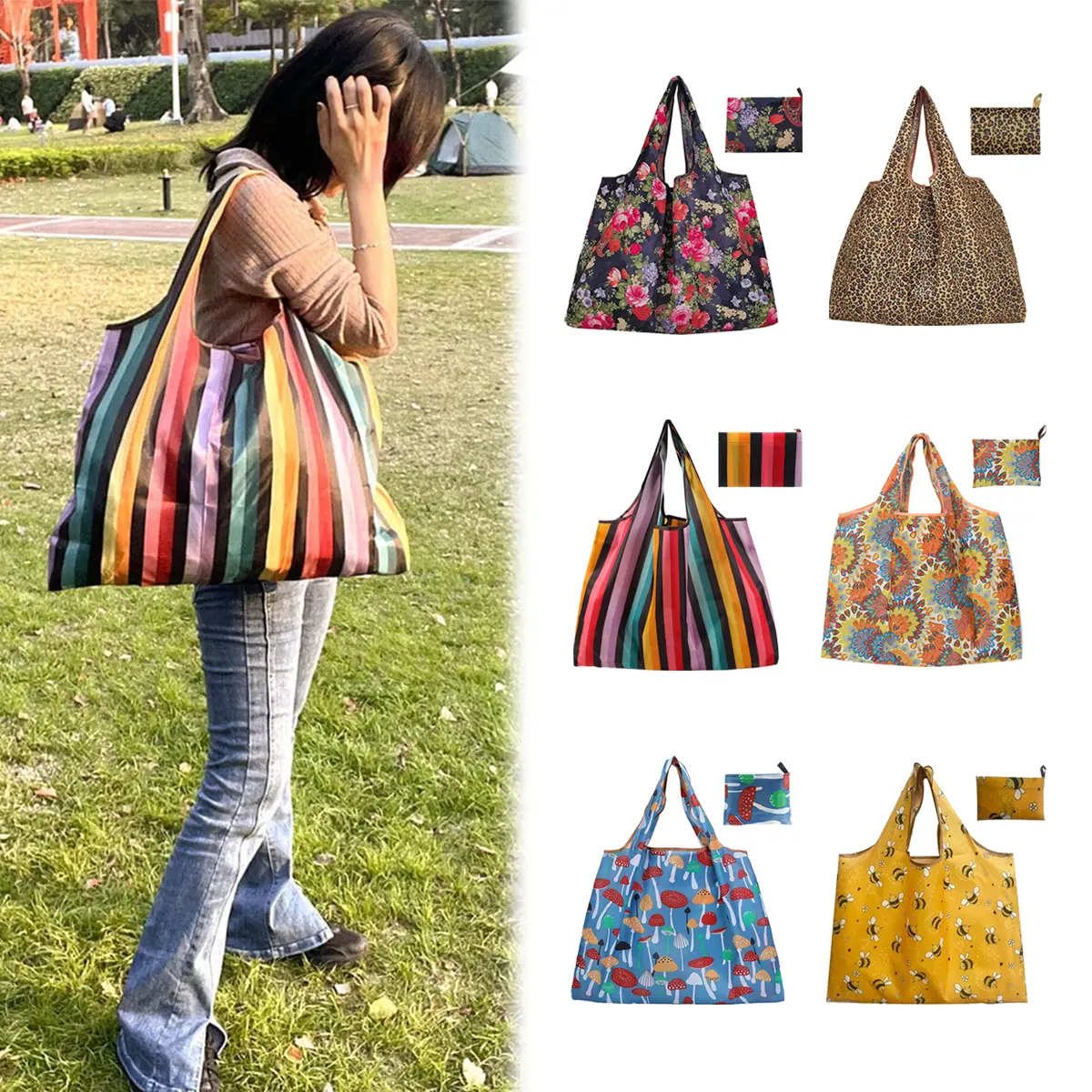 Folding Reusable Grocery Bag - Waterproof Fashionable Home Organizer, Heavy-Duty Lightweight Portable Compact Emergency Travel Storage Solution, Reusable Grocery Bags, Fashionable Shopping Bag