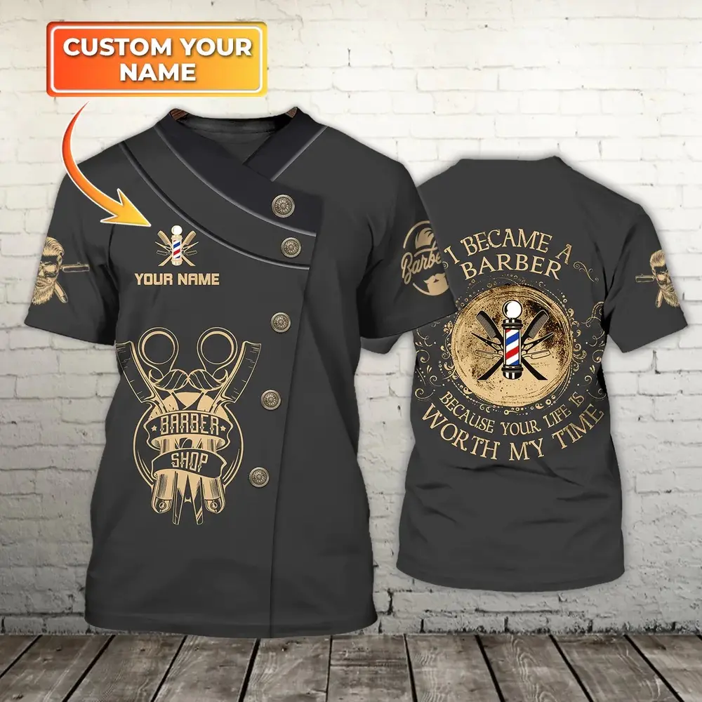 Personalized Barber T-Shirt for Men, Casual Short-Sleeve 3D Graphic Print Polyester Menswear, Custom Name Summer Gift Idea, Tshirt