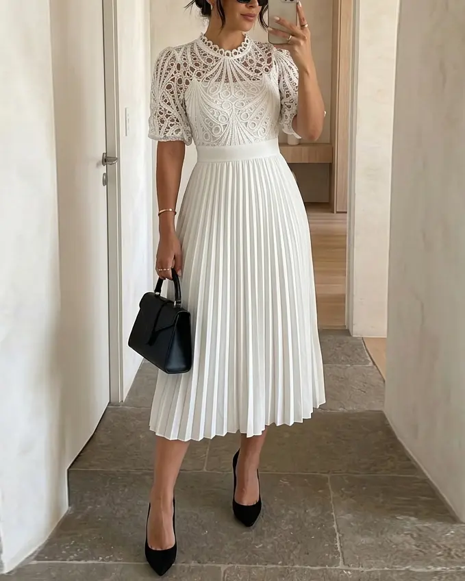 CHICME Puff Sleeve Lace Party Dress  Stand Collar Hollow-out Zipper Back Pleated Party Dress for Wedding Guest & Wedding