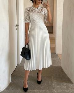CHICME Stand Collar Puff Sleeve Lace Hollow-out Party Dress Zipper Back Pleated Dress/Summer Dress/ Party Dress for Wedding Guest & Wedding