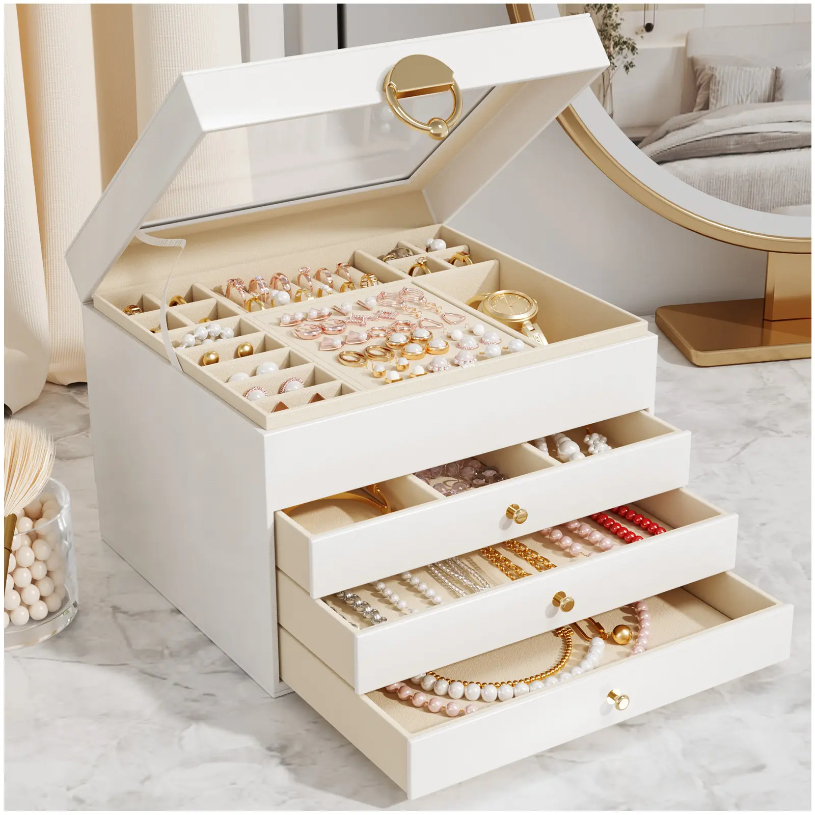 4-Tier Multi-Purpose Organizer Box, Clear Acrylic Cosmetic & Jewelry Storage with Handle - Large Capacity Desktop Vanity Organizer for Makeup, Skincare, Accessories, Office Supplies & Craft - Stackable Drawer Storage for Bedroom, Bathroom & Travel