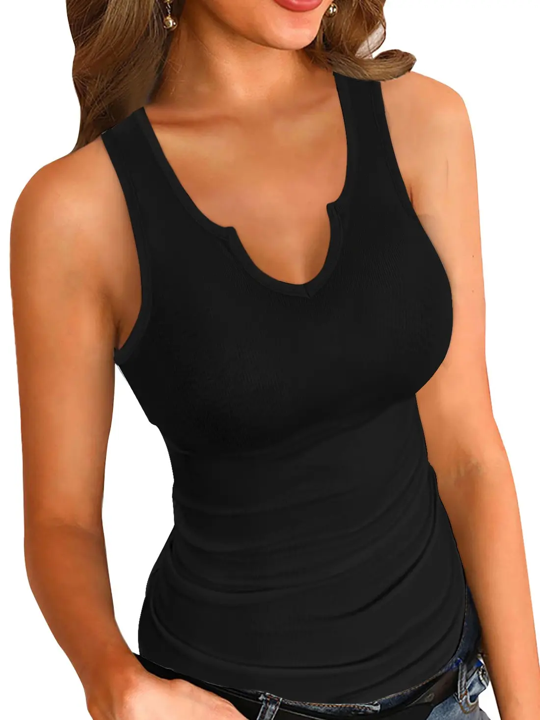 VAFFUL Women's Knit Light Spandex Sleeveless V-Neck Ribbed Slim-Fitted Minimalist Tank Tops - Comfy Fabric Flat Camis, Summer Style, Cardigan-Compatible Womenswear Basic