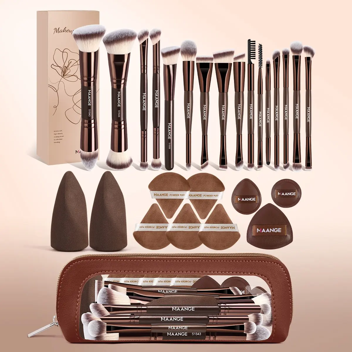 Maange 27-Piece Makeup Tool Set, Includes 16 Professional Brushes, 10 Foundation Pads, 1 Makeup Bag, Metal Frame, Essential Beauty Kit