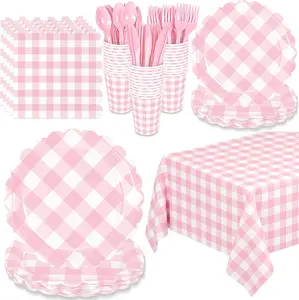 176 PCS Light Pink Gingham Plates and Napkins Set with Cups Spoons Forks Knives for 25 Guests Disposable Tableware for Dinner Birthday Baby Shower Wedding Supplies