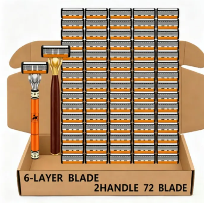 Men’s 6-Blade Stainless Steel Razor Kit with 72 Replacement Cartridges and Lubricating Strip, Facial Shaver for a Smooth Shave