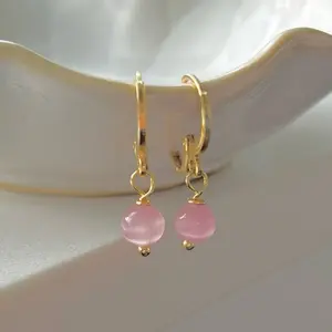 Pink Bead Drop Earrings Light Pink Gemstone Earrings Gold Huggies Silver Dainty Gemstone Hoop Earrings Gift for Bridesmaids Bridal Jewelry
