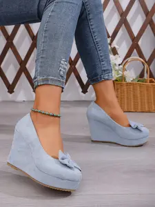 New Women's Stylish Wedge Thick Sole Platform Heels Shoes with Bow Decoration, Ideal for Outings, Commuting, and Parties, Fashionable and Comfortable Footwear, Low Wedges Platform, Low Wedge Design