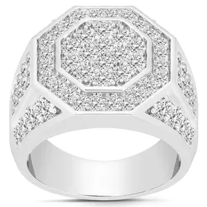 3Ct Men's Diamond Hexagon Cluster Ring 10k White Gold