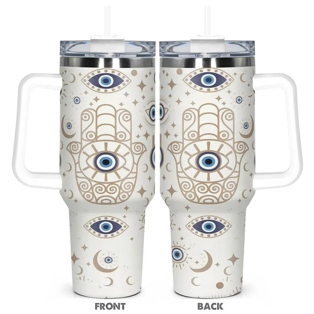 40oz Tumbler with Lid & Straw, Evil Eye Pattern Stainless Steel Water Bottle, Insulated and Durable, Gift for Any Occasion, Drinkware