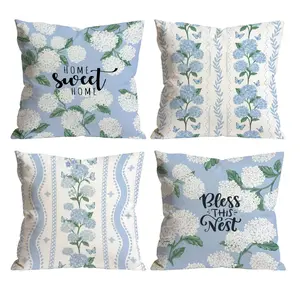 Set of 4 Blue Hydrangea Throw Pillow Covers | Home Sweet Home & Bless This Nest Decor for Sofa Bedroom Living Room Bedroom Decorative Accessories 0407YB
