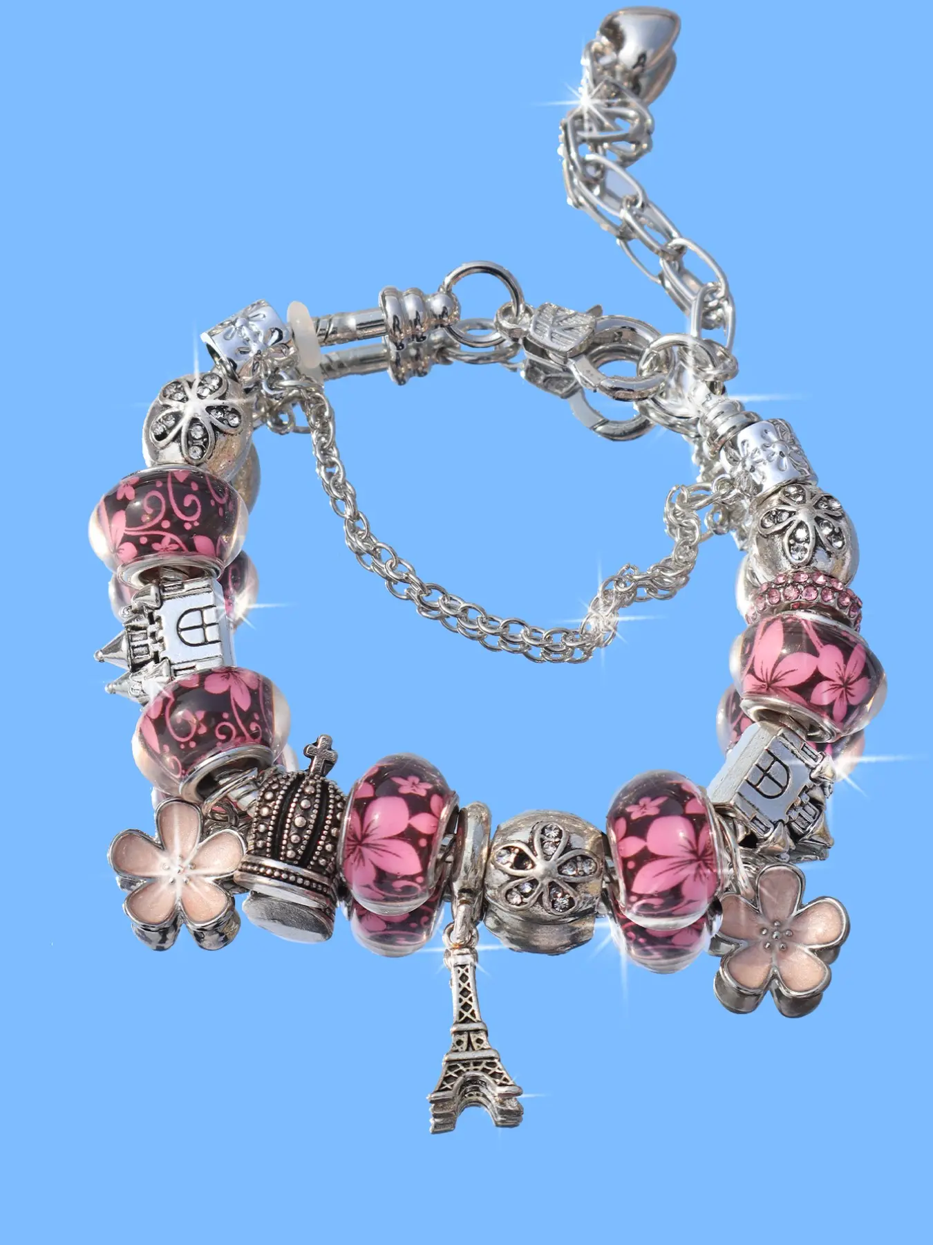 Vintage Cherry Blossom Castle Charm Bracelet, DIY Travel Memorial Bracelet, Birthday Gift Bracelet, Unique Jewelry Accessory, Jewelry Gifts, Adjustable Charm Bracelet, Floral Charm Bracelets