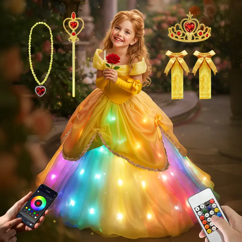 UPORPOR Girls' Light-Up Yellow Princess Costume - Kids' Pretend Play Polyester Clothes, 100+ LED Modes, Music Sync, Halloween Outfit with Accessories, Battery Box, 3x1.5V AA Batteries, Cartoon Character, 3-4Y/5-9Y, Christmas Gift, Colorful Glow