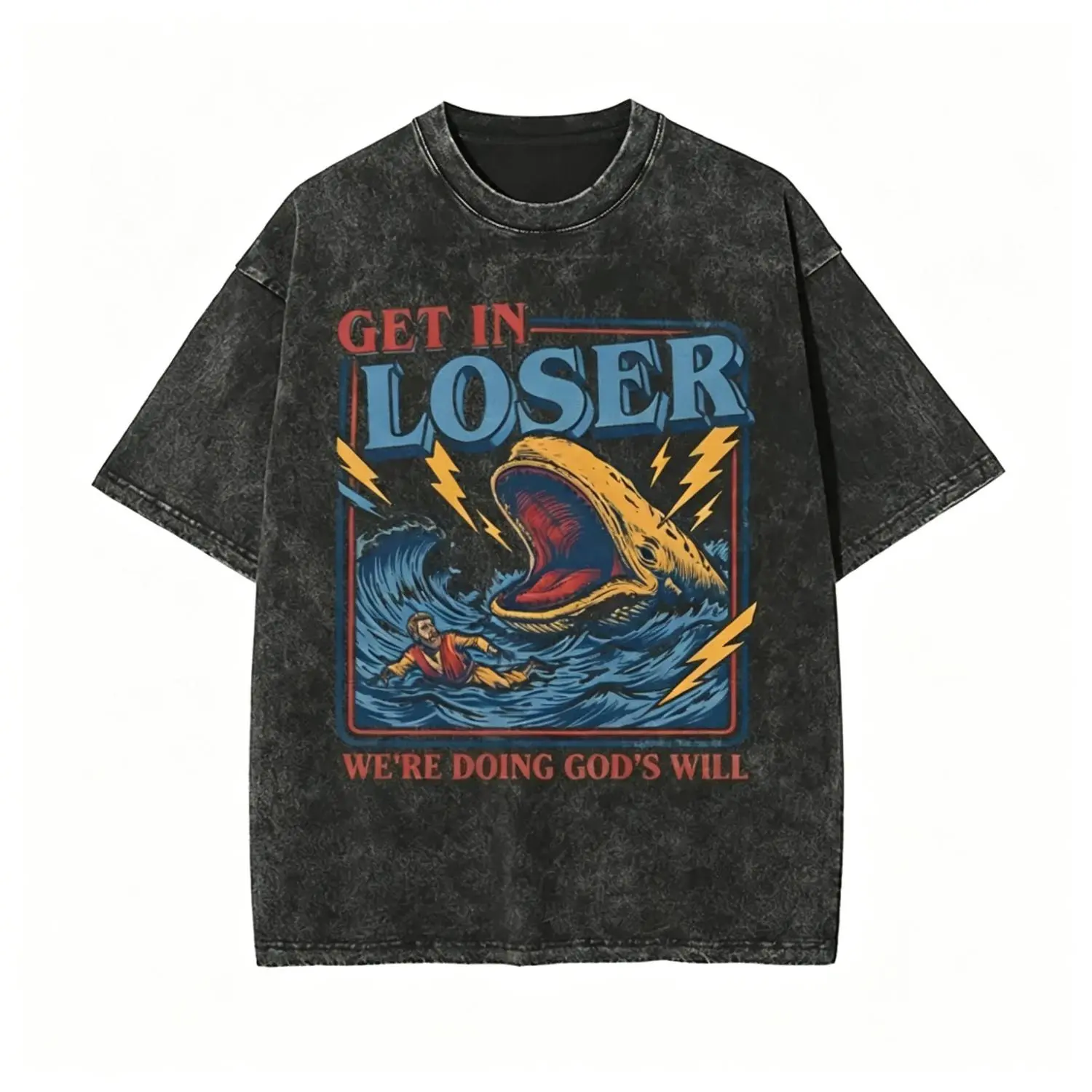 Men's Unisex Cotton Round Neck Oversized Washed T-Shirt - Christian Streetwear, Jonah and the Whale Graphic, "Get In Loser We're Doing God's Will" Verse, Faith Humor Fabric Style Religious Gift