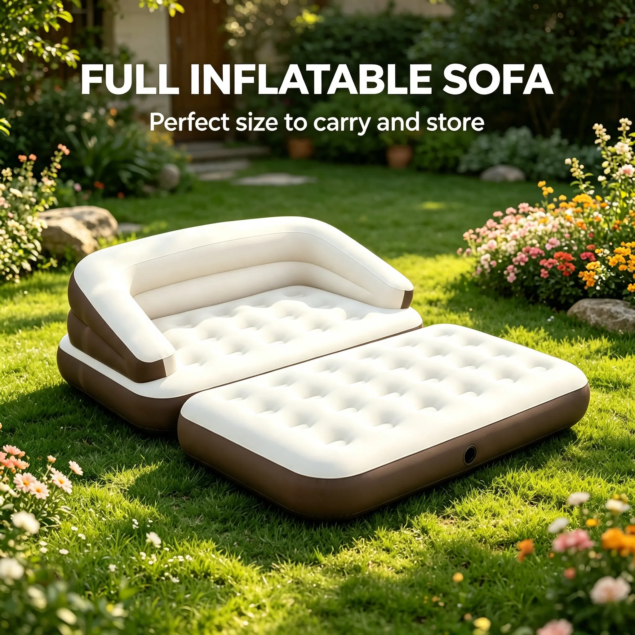 5-in-1 Multifunctional Inflatable Bed, Twin-size Air Mattress with Support Headboard. Foldable indoor and outdoor air lounger, ideal for napping, camping, traveling, patio use and overnight stays — Equipped with an air pump