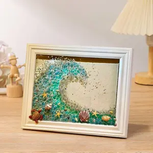 Ocean Wave Resin Art Picture Frame White Wooden Frame with Seashells Starfish Beach Theme Wall Decor Coastal Style Home Decoration Rectangle Design