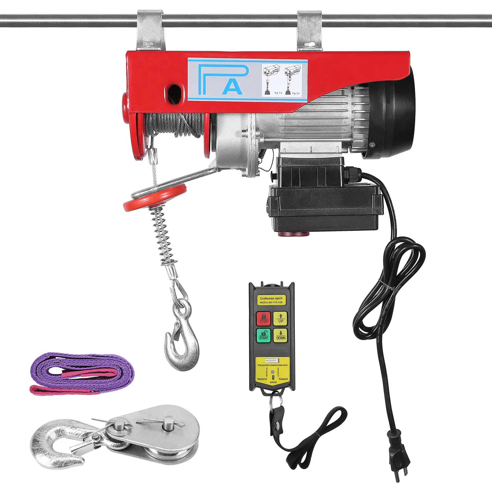 Heavy-Duty 850W Motor Electric Hoist - 880lbs Lift (880lbs), Auto Brake, 110V Power, 39ft Rope, 33ft/min Speed, Wireless Remote, Indoor/Outdoor Use for Factories, Warehouses