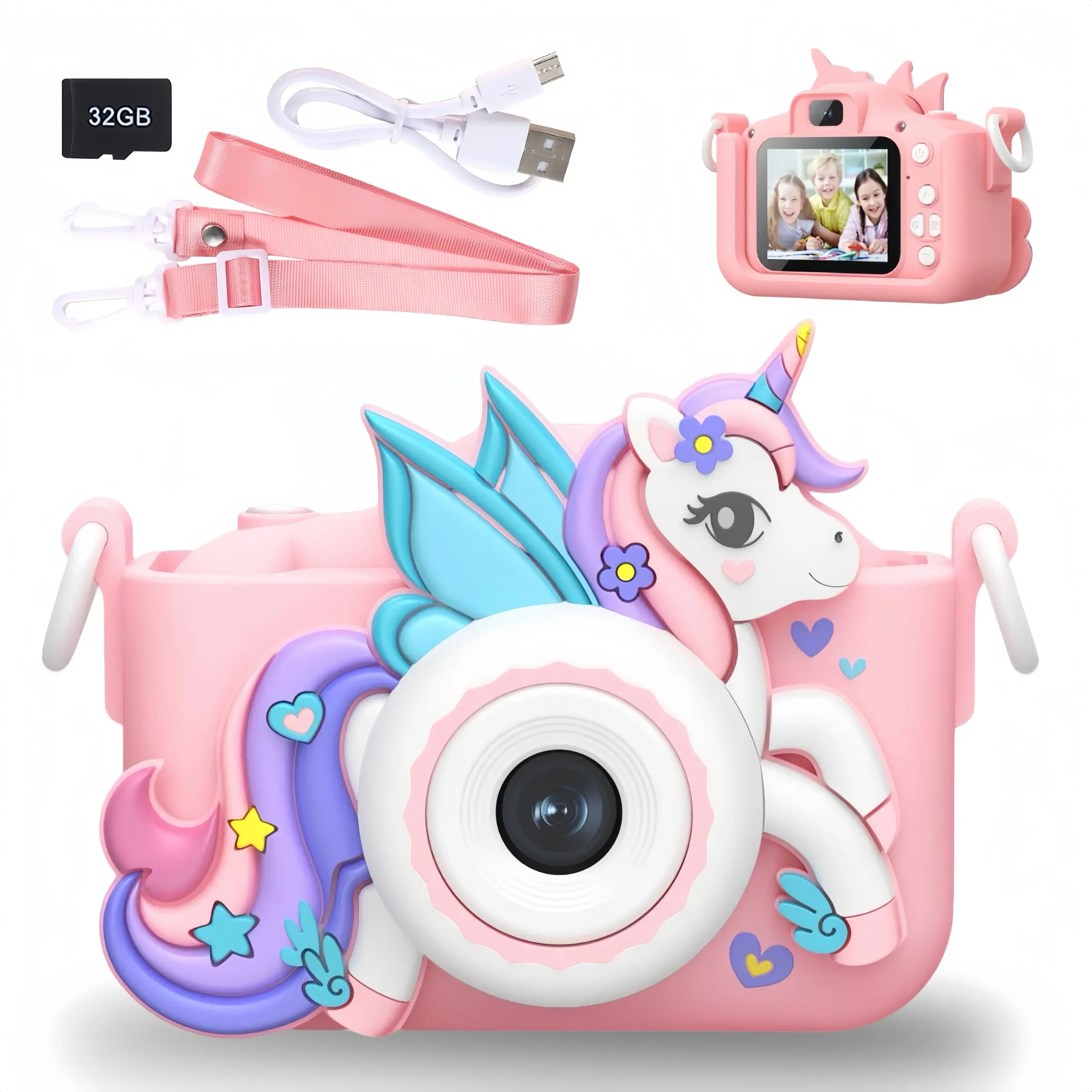 Kids Camera Mini Rechargeable Digital Camera with Optical Zoom, 2.0 Inch Screen, 1080P HD Video, High Resolution, Fun Camera, Birthday Gift for Girls Ages 3-12, Includes 32GB Card, Girly Camera