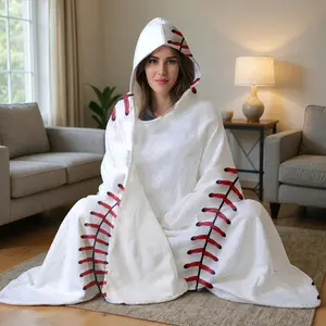 1pc Baseball Stitch Pattern Hooded Blanket for Adults, Men & Women | Oversized Wearable Poncho Blanket | Hoodie Blanket | Ultra Soft Flannel with Digital Print | All-Season Cozy for Lounging, Gaming, Reading