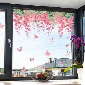 A (30*60cm) spring pink series vine flower and butterfly window sticker for home decoration and beautification of glass windows, self-adhesive, Removable Window Decal, C16006-YJ