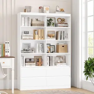 Large 6-Shelf Bookcase with Drawers, Tall Book Shelf with 4 drawers, Sturdy Storage Cabinet for Living Room, Office, Library
