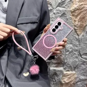 Double-Sided Diamond Magnetic Phone Case with Glitter Paper for Samsung Galaxy Z Fold7 Z Fold6 Z Fold5 zfold3 4, Luxury Fashion Women's Case with Fuzzy Bracelet