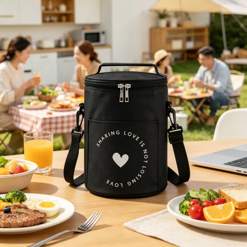 Compact & Spacious Insulated Cooler Bag, Cylindrical Thermal Tote with Front Pocket & Shoulder Strap