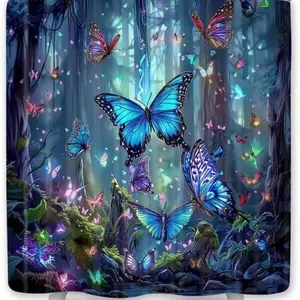 Butterfly Pattern Shower Curtain, 1 Count Waterproof Bathroom Curtain with 12pcs Hooks, Bathroom Decor Supplies for Home Hotel Salon, Bathroom Decoration Accessories