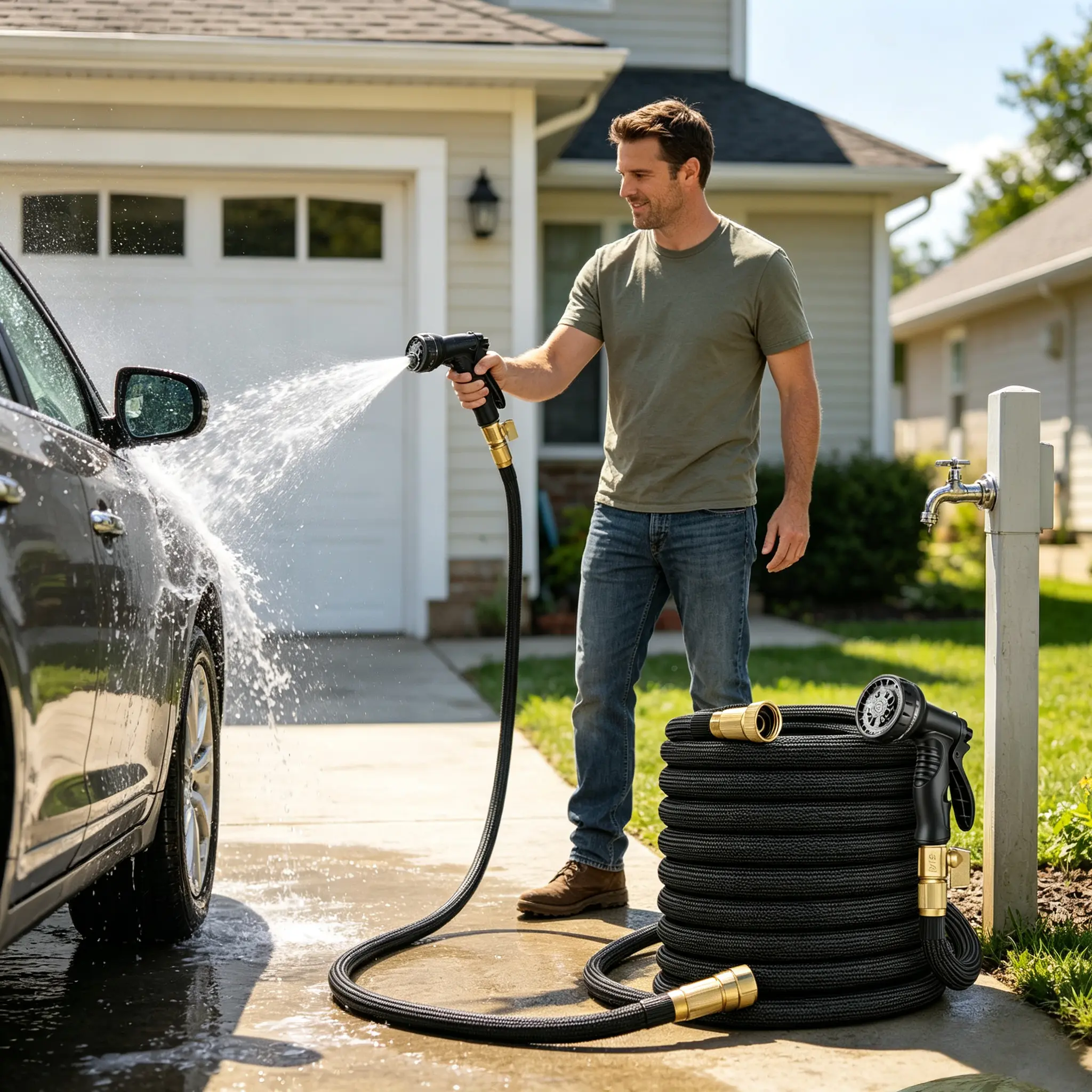 50 FT Flexible Expandable Garden Water Hose, Ultra-Lightweight Kink-Free Water Pipe with 10-Mode Function Sprayer Nozzle, 3/4 Inch Solid Brass Connectors, Abrasion-Resistant for Lawn, Patio Gardening, Car Washing