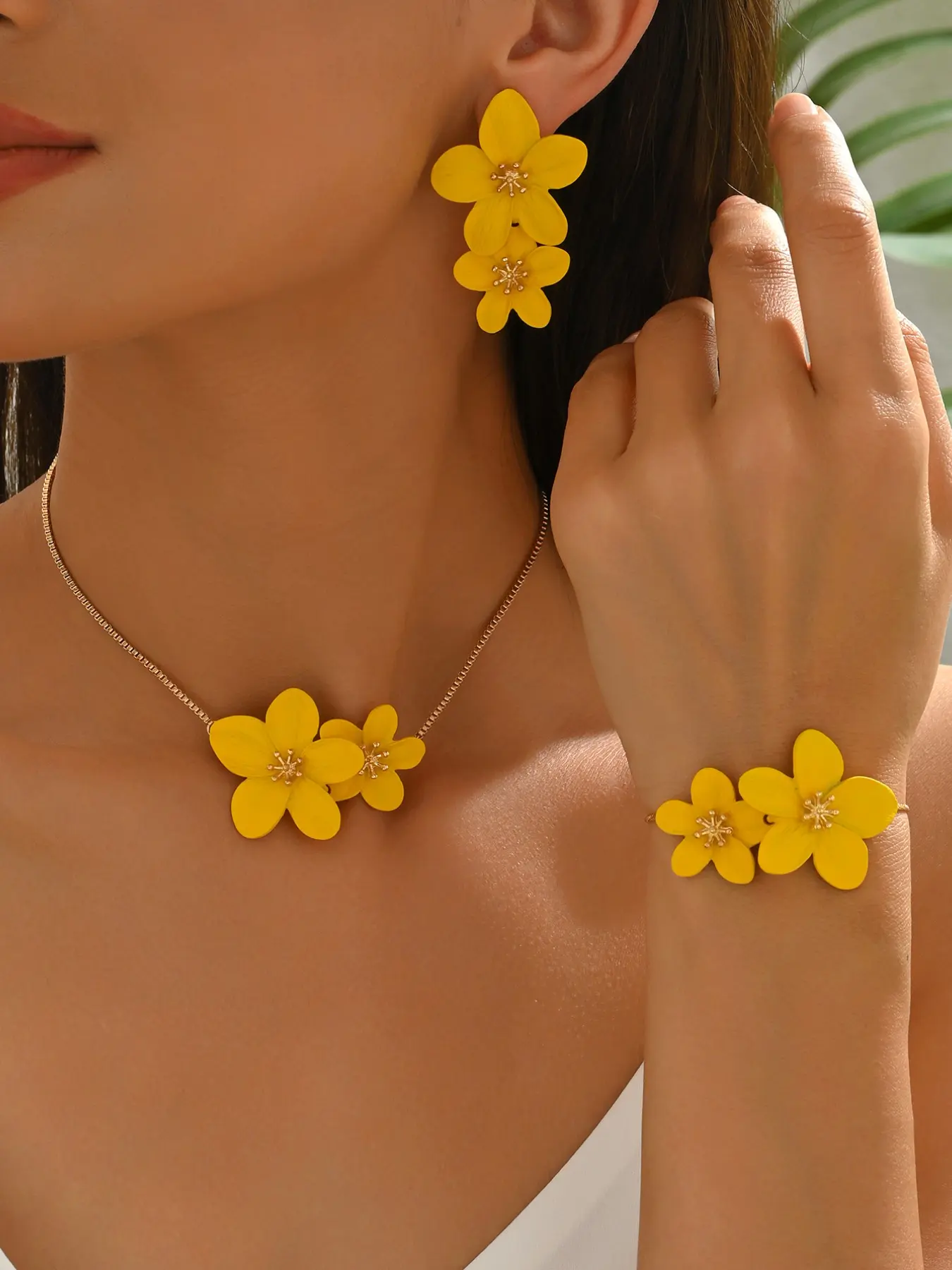 Double Flower Jewelry Set for Women - Vibrant Multi-Color Floral Drop Earrings, Matching Necklace & Bracelet, 18K Gold Plated Hypoallergenic, Lightweight Statement Accessories for Summer, Party, Beach, Wedding, Perfect Gift for Her, Jewellery Gift Set