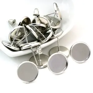 12mm 50pcs White k (Rhodium)Colors Plated Stainless Iron Earring Studs(with Ear plug) Base,Fit 12mm Glass Cabochons