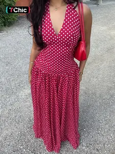 Elegant Vintage Polka Dot Halter Deep V Neck Backless Tie Waist Fitted Dress, Pure Color Retro Style, Women's Fashion Party Dress