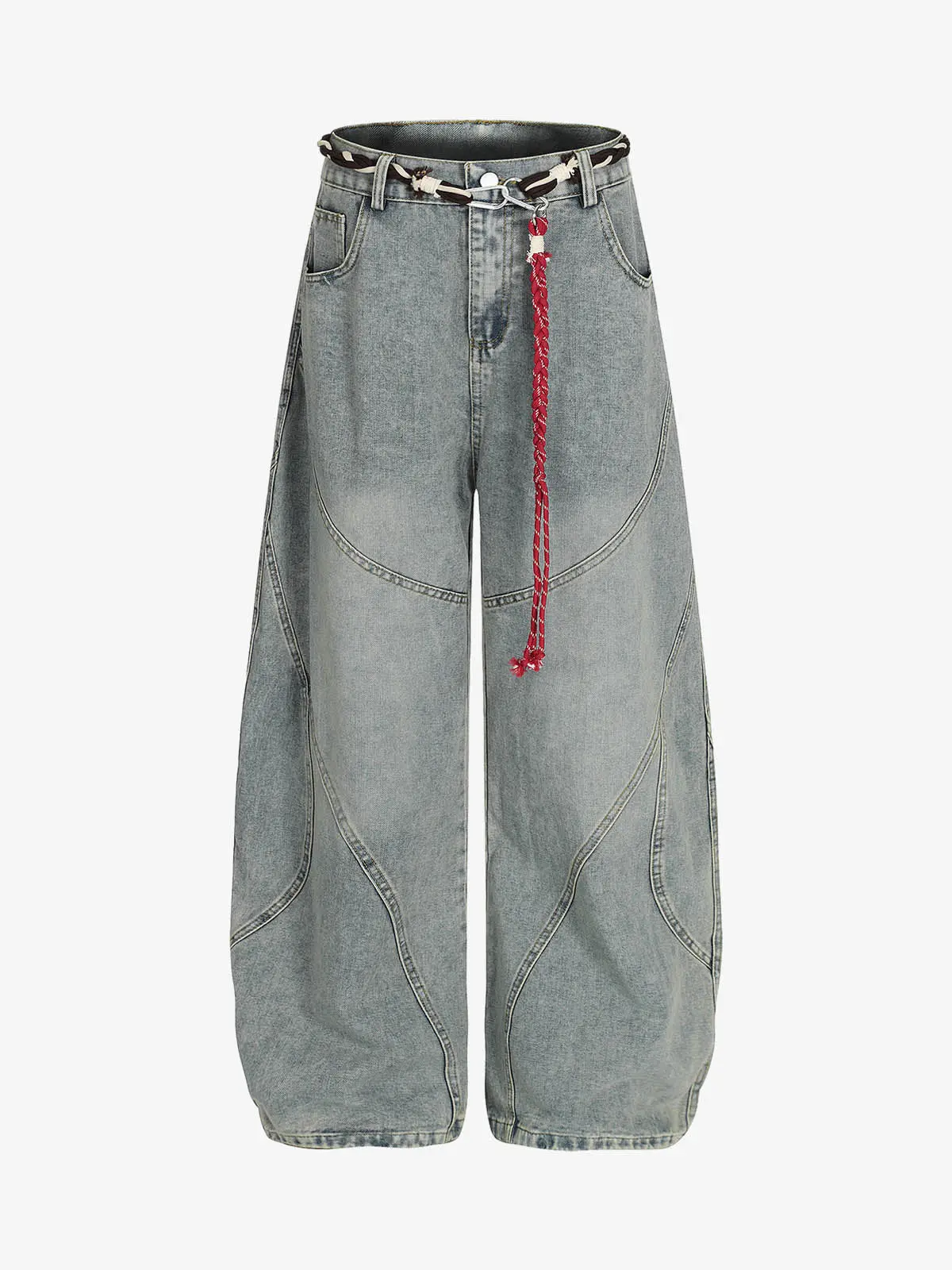 Thesupermade Patchwork Barrel Jeans With Braided Belt | Retro Red Accent Wide-Leg Denim Streetwear Men