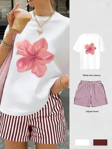 Women's Casual Short Sleeve T-Shirt and Shorts Matching Set, Y2K Tropical Floral Plant Print, Loose Fit, Comfortable Breathable Fabric, Spring Summer