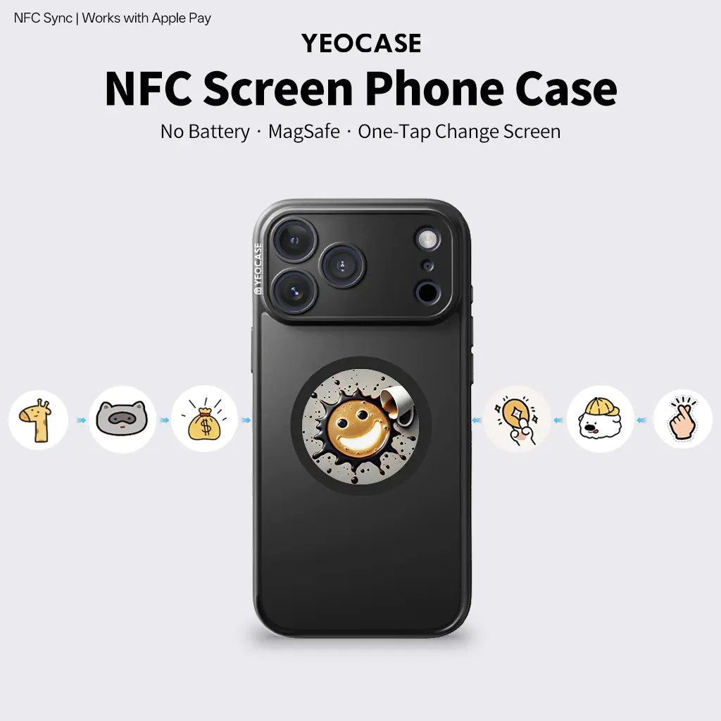 YEOCASE Smart E-Ink Phone Case for iPhone - NFC Instant Display, Ultra-Thin Customizable Cover for iPhone 15/16/17 Pro Max Series phone cases Shockproof Smartphone Custom, Magsafe Case with Lens Protector Protection Cellphone Casing