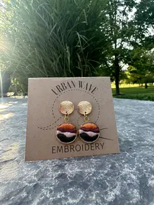 Embroidered gold earring, landscape earring, gold dangle embroidered earring, unique jewelry, hand made jewelry, trending earring jewelry