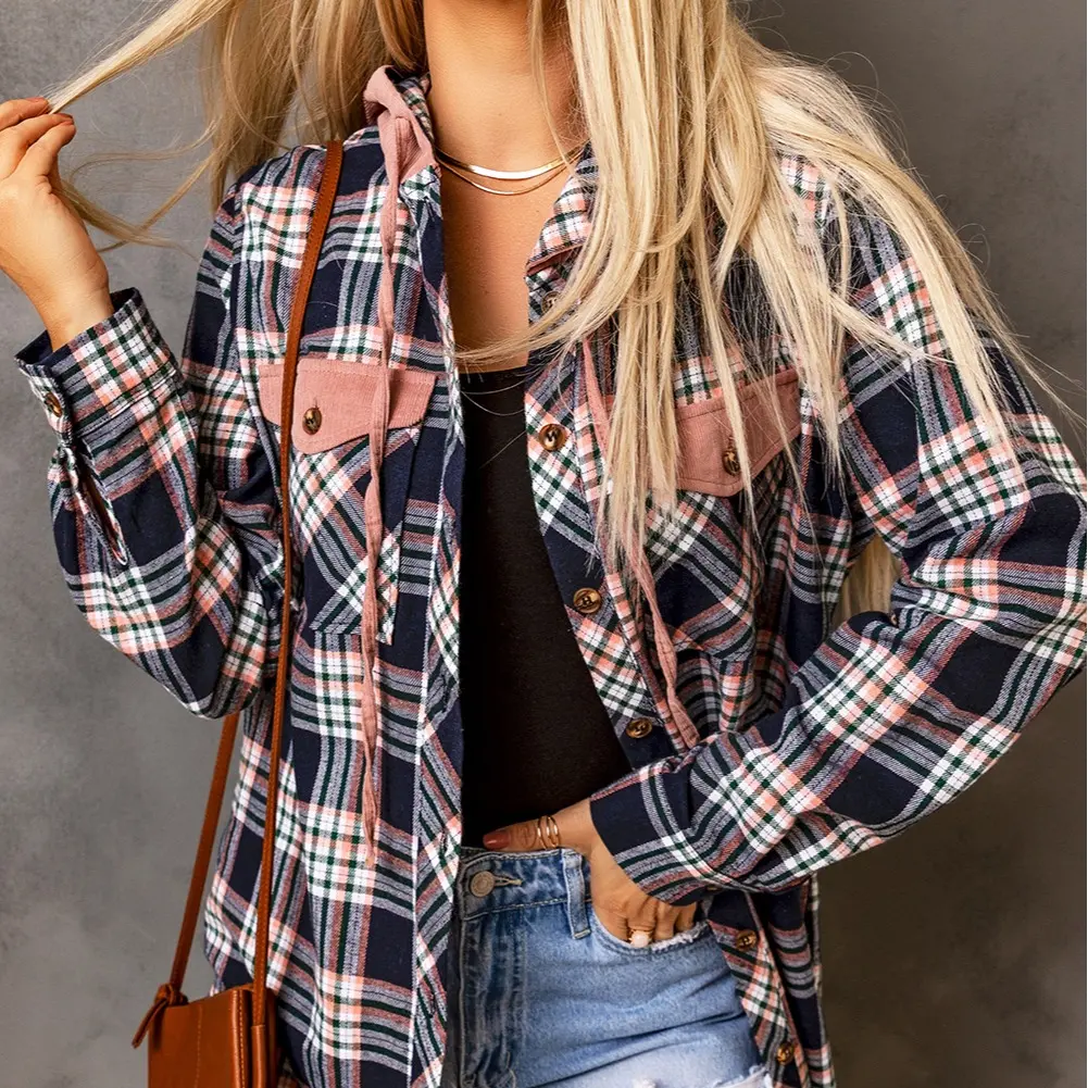 Pink Hooded Drawstring Plaid Flannel