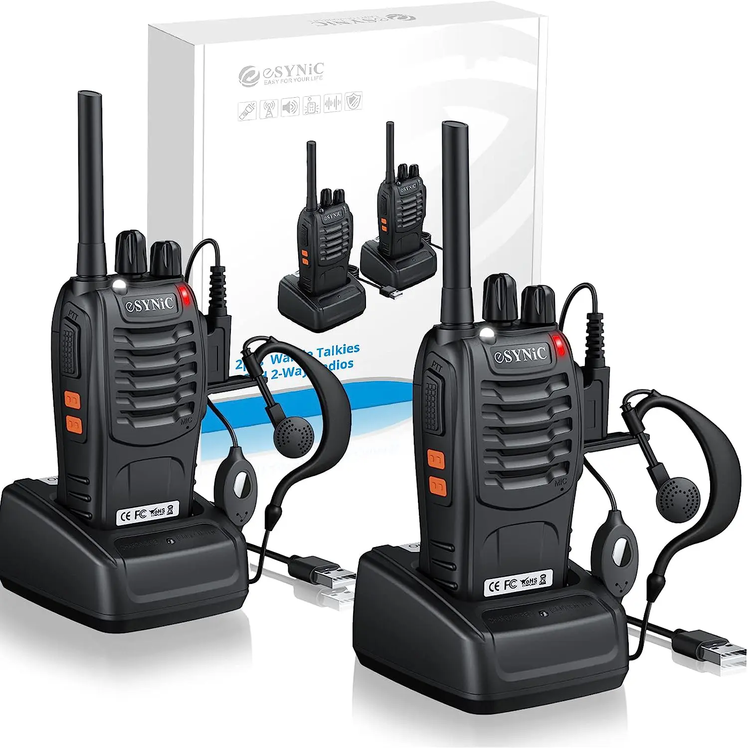 eSynic Professional Rechargeable Walkie Talkies - Long Range 2 Way Radio for Adults with VOX, 16 Channels, LED Light, Original Earpieces, Durable & Waterproof